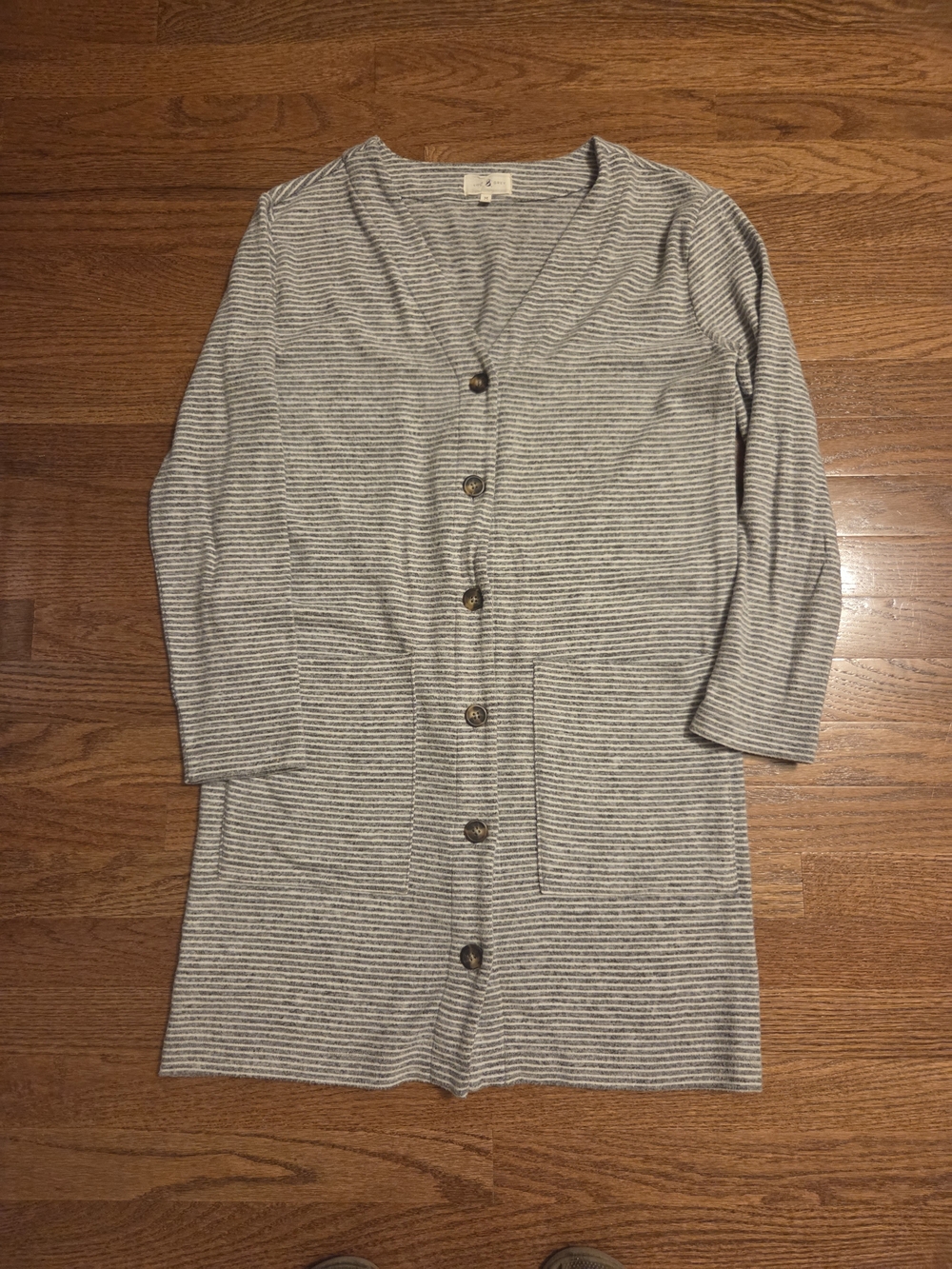 Lou & Grey Long Striped V-Neck Button Cardigan Dress, M